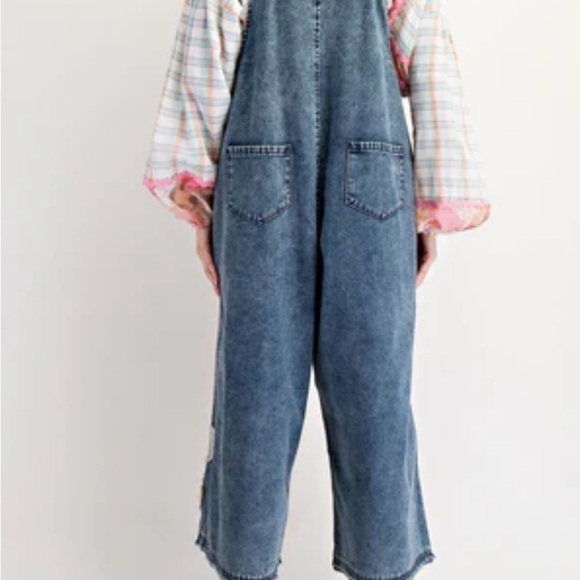 Easel Boho Blue Denim Bib Overalls with Floral Patches - Picture 3 of 12
